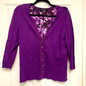 White House Black Market Purple Cardigan Size Large.  3/4 sleeve.